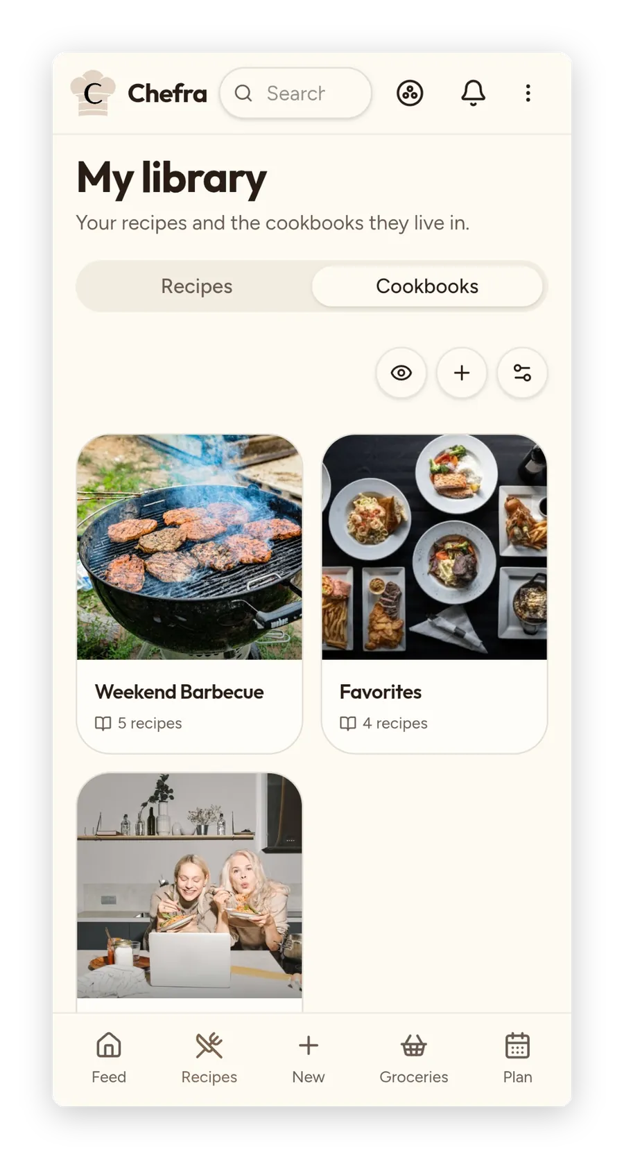 Chefra recipe library showing a grid of saved recipes including Crispy Tofu Banh Mi, Mediterranean Stuffed Peppers, Moroccan Lamb Tagine, and Thai Basil Fried Rice