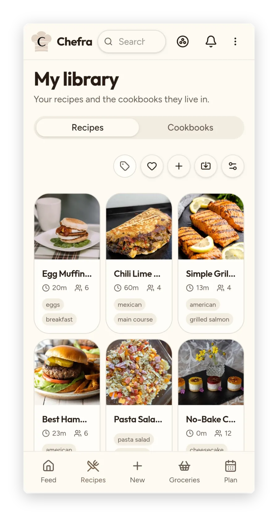 Chefra cookbooks view showing Favorites, Weeknight, and Desserts cookbooks