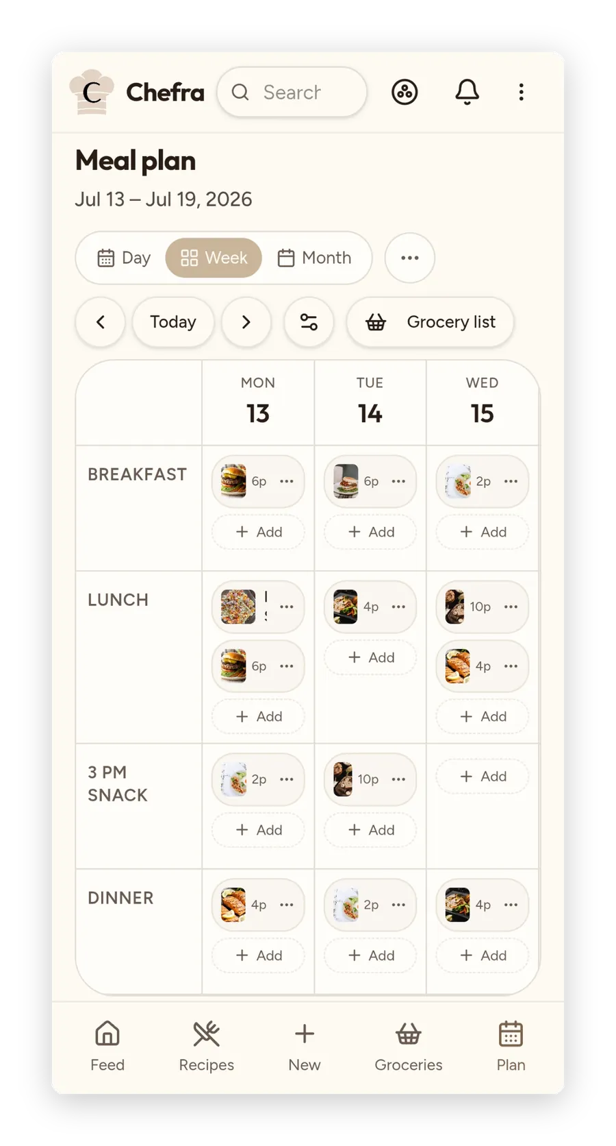Chefra meal planner showing recipes placed on the days ahead