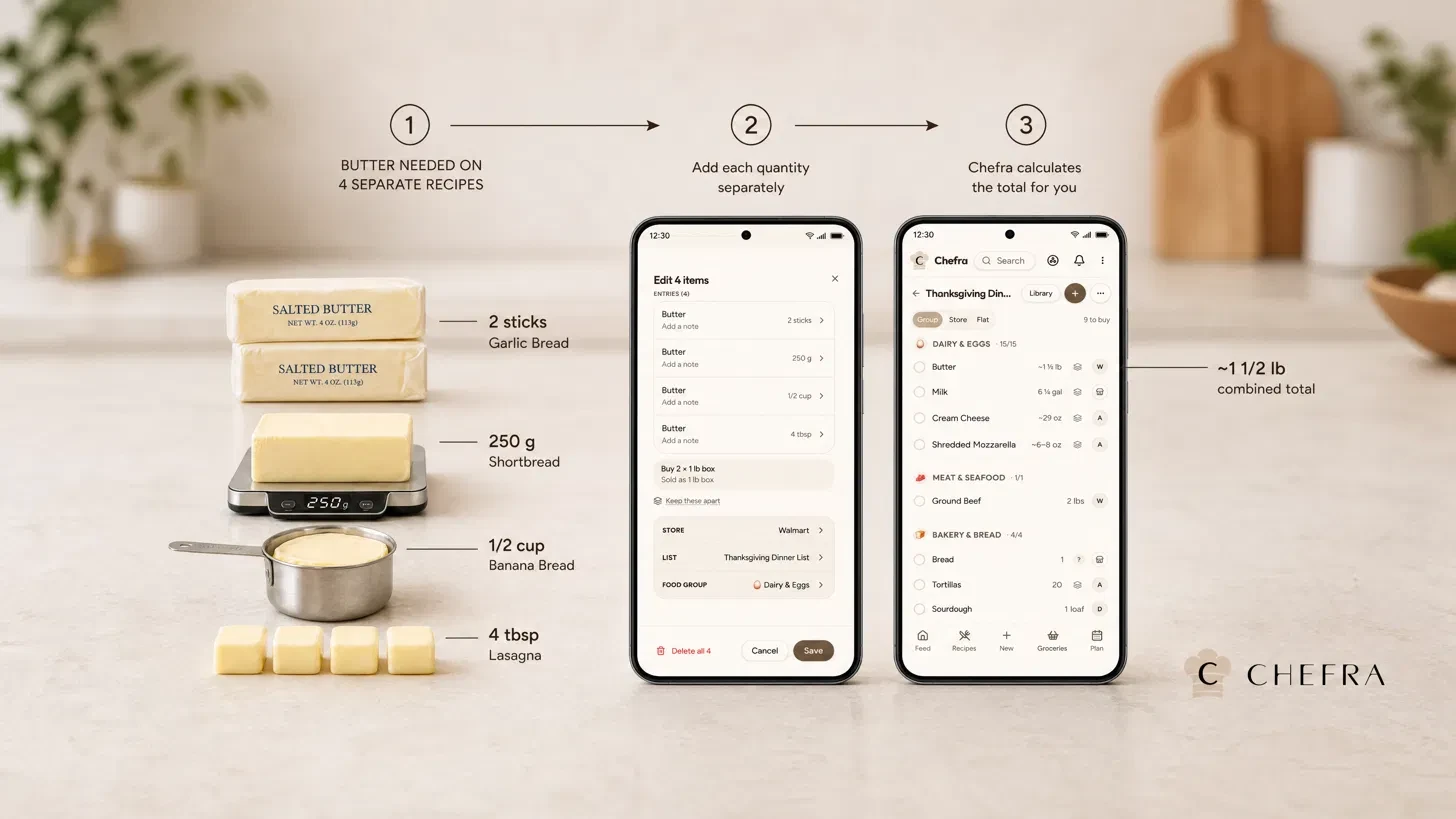 Butter needed by four recipes — 2 sticks, 250 g, ½ cup and 4 tbsp — beside two Chefra phone screens: the four butter entries, then a grocery list showing butter on one line, marked about 1½ lb.